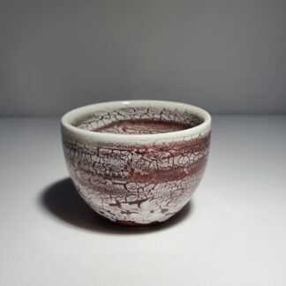 Handmade crackle glaze ceramic matcha bowl in burgundy and cream